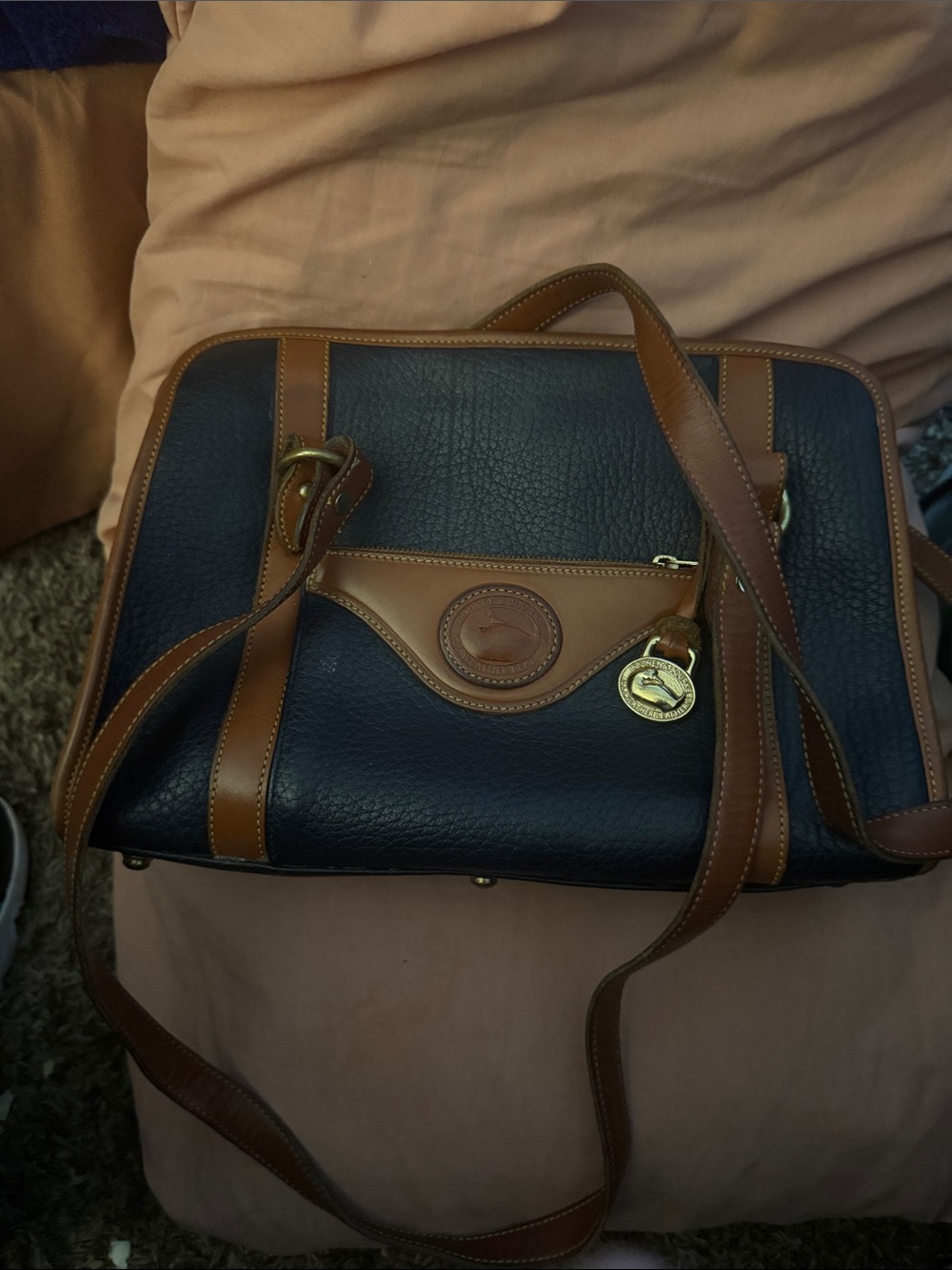 Dooney & Bourke Navy and Brown Leather Messenger Bag